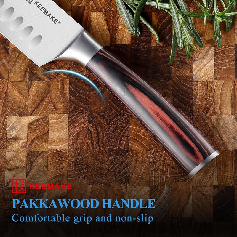 KEEMAKE Chef Santoku Knife - 7 Inch Ultra Sharp Kitchen Knife with Stainless Steel Blade for Cooking Meat Fruit Vegetable with Ergonomic Pakkawood Handle and Gift Box Included - Image 3